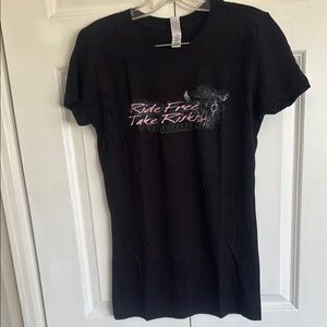 STURGIS RIDE FREE/Take Risks Buffalo Chip Black Graphic T-Shirt with Pink Text